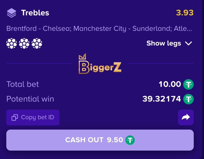A betting interface on BiggerZ showing a bet titled 'Trebles' on Brentford-Chelsea, Manchester City-Sunderland, and Atletico matches, with a total bet of 10.00, a potential win of 39.32174, and a cash out option of 9.50.