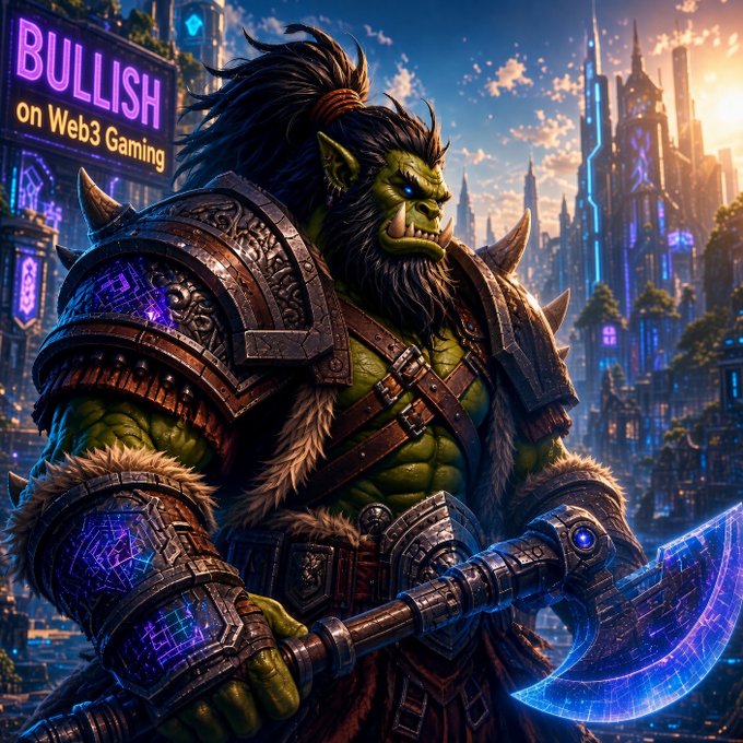 A fantasy illustration of a green-skinned orc warrior with glowing blue eyes holding an axe, with a neon sign reading 'BULLISH on Web3 Gaming' in the background.