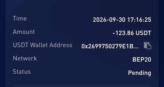 A transaction record showing a pending withdrawal of -123.86 USDT at 2026-05-30 17:16:25 to wallet address 0x2699750279E1B... on the BEP20 network.