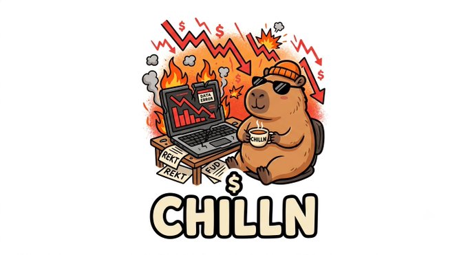 A cartoon illustration of a bear wearing sunglasses and a beanie drinking from a 'CHILLN' mug in front of a laptop with a red downward chart, with the word 'CHILLN' displayed prominently below.