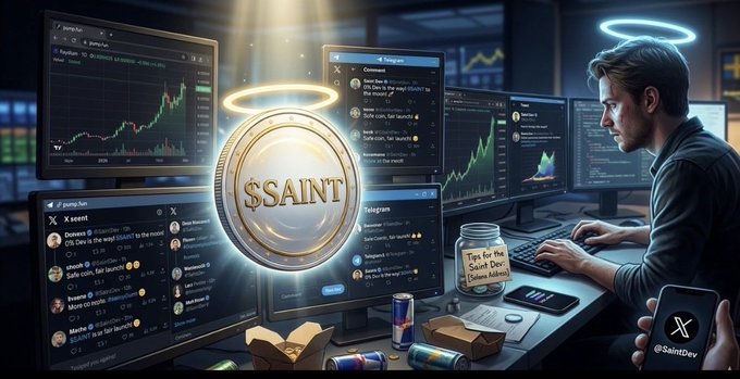 A glowing $SAINT coin floats prominently beside a focused trader surrounded by multiple monitors displaying candlestick charts, X (formerly Twitter) feeds, and Telegram chat windows, while a nearby jar collects "Tips for the Saint Dev" donations—visually reinforcing the post's message of a community-driven, fair-launch Solana token with no dev allocation.