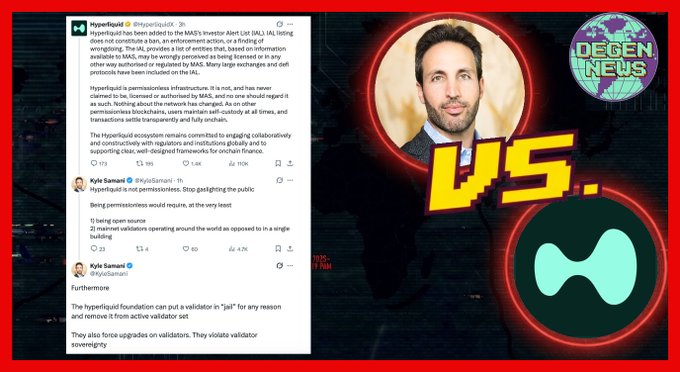 The image is a "Degen News" graphic showing a Twitter/X exchange between Kyle Samani and Hyperliquid, featuring a headshot of Samani alongside a "vs." graphic contrasting with the Hyperliquid logo. The visible tweets show Samani (@KyleSamani1) accusing Hyperliquid of "gaslighting the public" and not being permissionless, citing concerns about the validator set and foundation control over validators—a controversy related to Hyperliquid's (HYPE) operations in decentralized finance.
