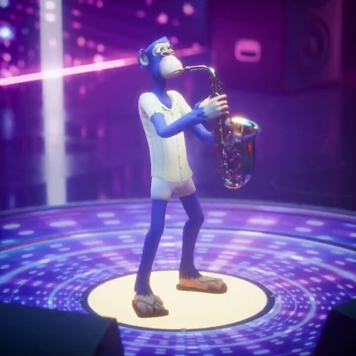 The image features a cartoon monkey playing a saxophone, standing on a stage with purple lights illuminating the scene. The background includes speakers and other musical instruments, suggesting that this could be part of a concert or performance setting. The caption "bored ape yacht club (you reply: yes)" implies that the monkey is participating in an event where it appears to be bored or uninterested.