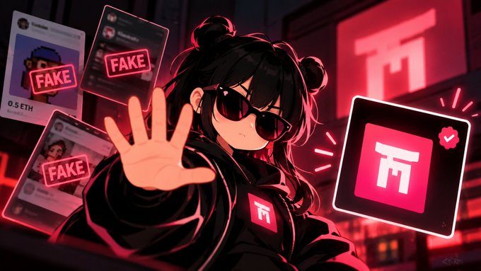 An anime-style illustration of a dark-haired character rejecting fake NFT profiles, with a genuine Pi cryptocurrency icon displayed.