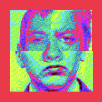 A heavily pixelated and color-distorted portrait of a man's face rendered in bright neon green, pink, and blue hues, framed by a solid red border.