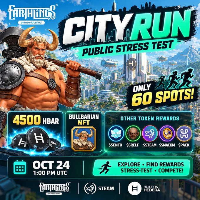 Promotional graphic for Earthlings' "City Run" Public Stress Test featuring a horned barbarian warrior, scheduled for October 24 at 1:00 PM UTC, offering 4,500 HBAR plus Bullbarian NFT and other token rewards ($SENTX, $GRELF, $STEAM, $SMACKM, $PACK) to only 60 participants exploring and competing in a futuristic cityscape.