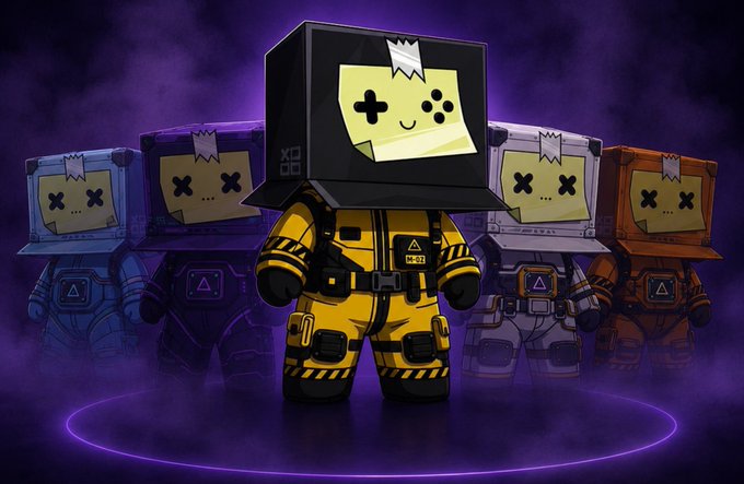 A digital illustration features a central character wearing a yellow hazmat suit and a box-like head with a game controller face design, surrounded by four similar figures in purple, grey, and red suits against a dark purple background.