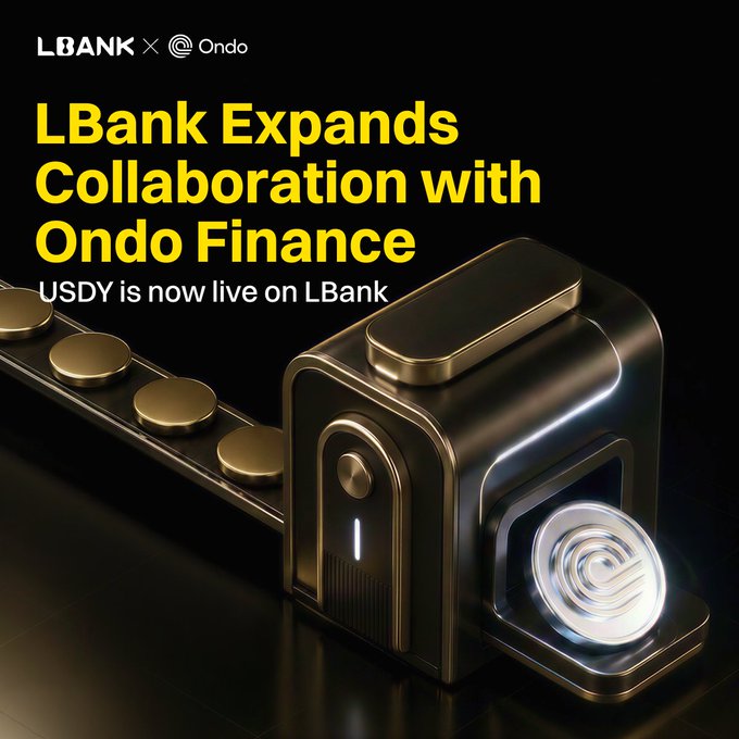 The image is a promotional graphic featuring the LBank and Ondo logos at the top, with bold yellow text reading "LBank Expands Collaboration with Ondo Finance" and a subtitle "USDY is now live on LBank." The visual showcases a stylized metallic vault-like device with a glowing circular display, alongside gold coin-shaped objects, symbolizing secure tokenized asset storage. The graphic visually reinforces the post's announcement about Ondo's USDY and tokenized stocks launching on LBank's platform with 25M+ users.