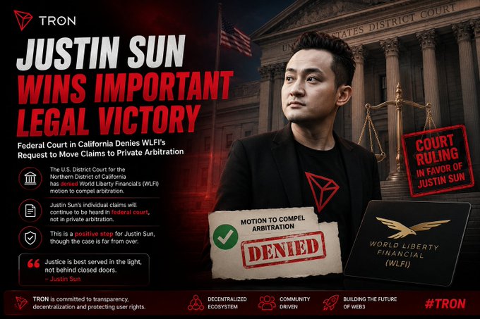 A promotional graphic for TRON announcing that Justin Sun won an important legal victory, with a federal court denying WLFI's request to move claims to private arbitration, featuring a photo of Justin Sun against a courthouse backdrop.