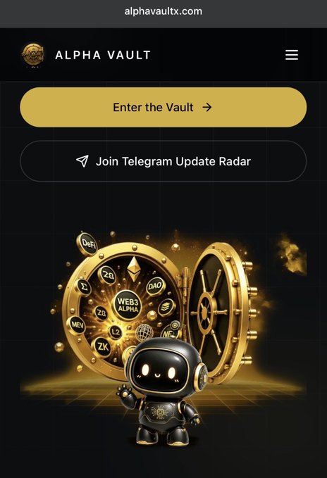 This is the Alpha Vault website, featuring a vault graphic and a cute robot, which visually represents the "Alpha Vault" mentioned in the post and the "just_t00ns NFTs" that are performing well.