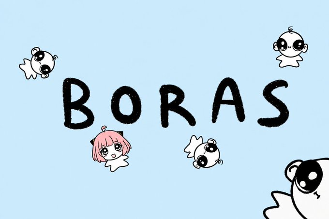 An illustration with the handwritten text 'BORAS' on a light blue background, surrounded by cartoon panda-like creatures and an anime character.