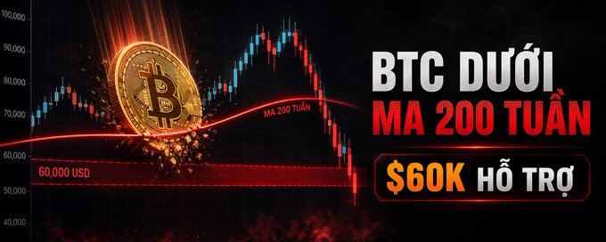 A financial graphic in Vietnamese showing BTC below the 200-week moving average with $60K as support, featuring a Bitcoin coin and a downward candlestick chart.