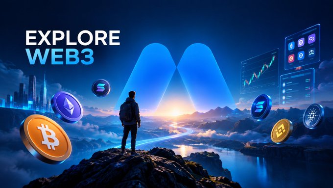 An 'EXPLORE WEB3' promotional image showing a person overlooking a futuristic landscape with cryptocurrency icons (Bitcoin, Ethereum, Solana) and floating trading chart interfaces.