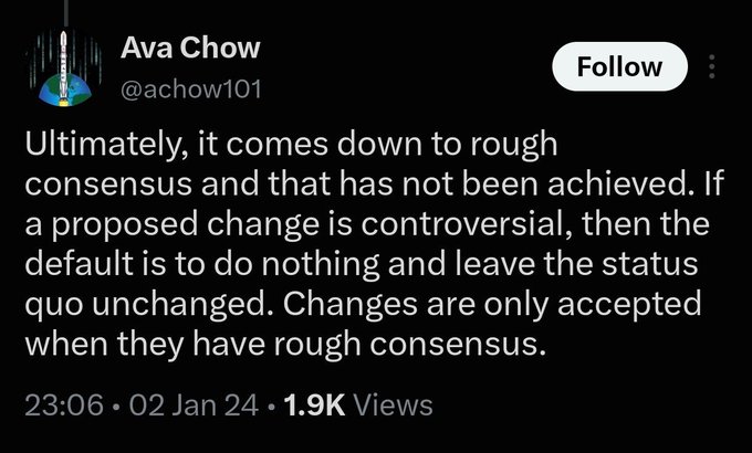 A tweet by Ava Chow (@achow101) dated 02 Jan 24 stating: 'Ultimately, it comes down to rough consensus and that has not been achieved. If a proposed change is controversial, then the default is to do nothing and leave the status quo unchanged. Changes are only accepted when they have rough consensus.'