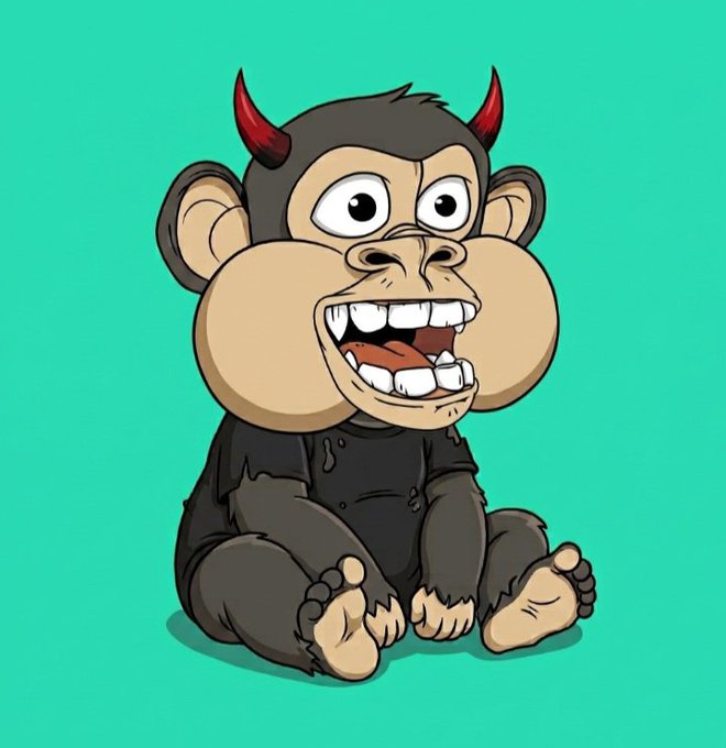 A cartoon illustration of a dark gray gorilla-like creature with red devil horns, exaggerated cheek pouches, and a wide toothy grin sitting against a teal background.