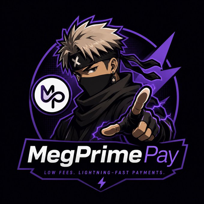 An anime-style mascot for 'MegPrime Pay' with the tagline 'LOW FEES. LIGHTNING-FAST PAYMENTS.' features a masked character in a black ninja outfit with a purple lightning bolt and a circular logo.
