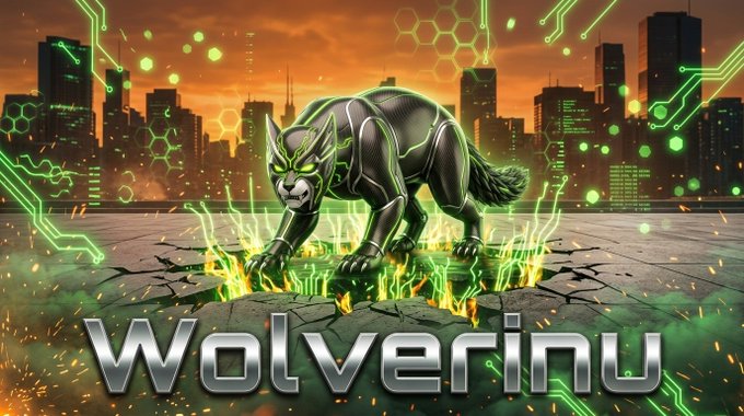 A fierce, cybernetic wolverine with glowing green eyes and circuit-board markings crouches atop cracked pavement against a fiery orange cityscape, surrounded by neon green digital energy and the bold "Wolverinu" text beneath it—visually reinforcing the meme coin's branding as it "catches on" with investors.