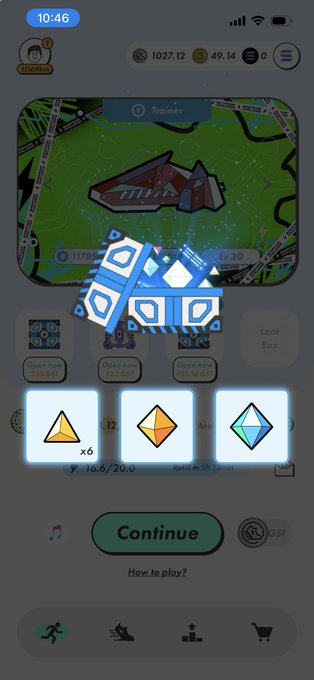 A mobile game screenshot showing a map, blue geometric 3D shapes, and a row of three polygonal items (yellow, orange, and blue) above a 'Continue' button.