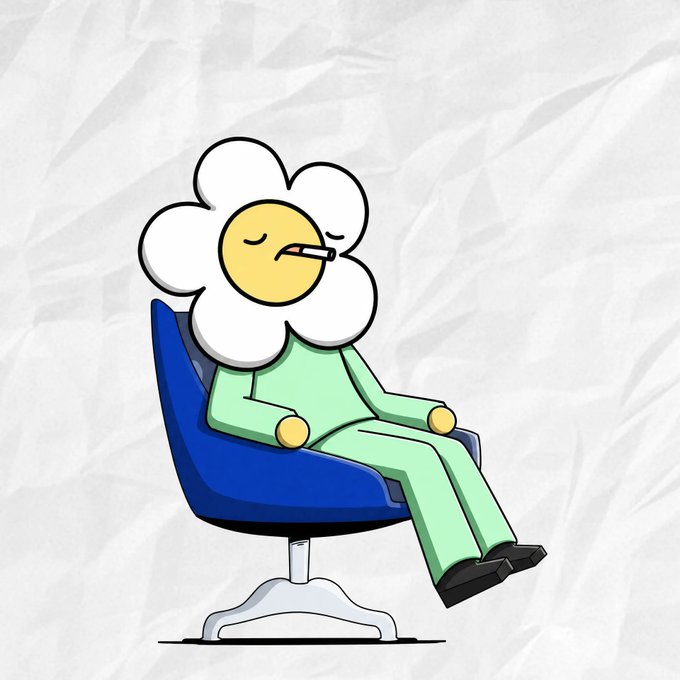 A cartoon illustration shows a flower-headed character with a cigarette in its mouth, dressed in a green outfit, relaxing in a blue office chair against a crumpled paper background.