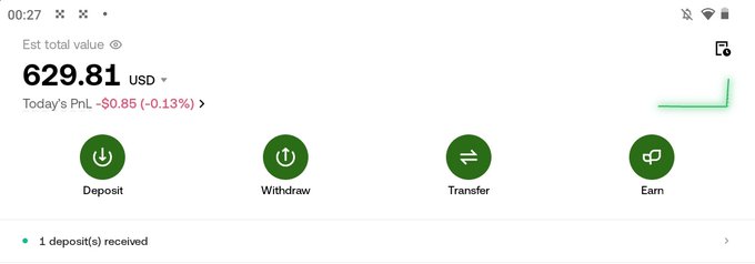 Mobile app screenshot showing an estimated total value of $629.81 USD, with today's PnL at -$0.85 (-0.13%), and options for Deposit, Withdraw, Transfer, and Earn, plus a notification of 1 deposit received.