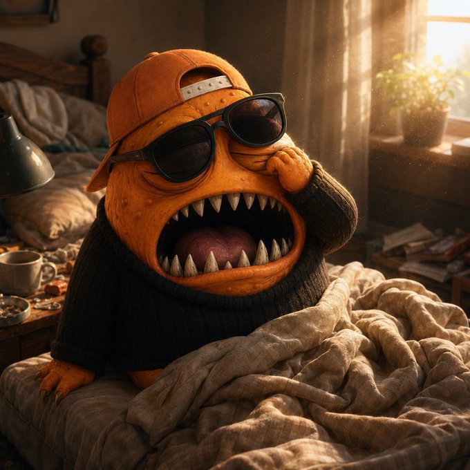 A 3D-rendered character of an orange, monstrous creature with sharp teeth wearing sunglasses, a backwards cap, and a black sweater, sitting in bed wrapped in a blanket in a sunlit room.