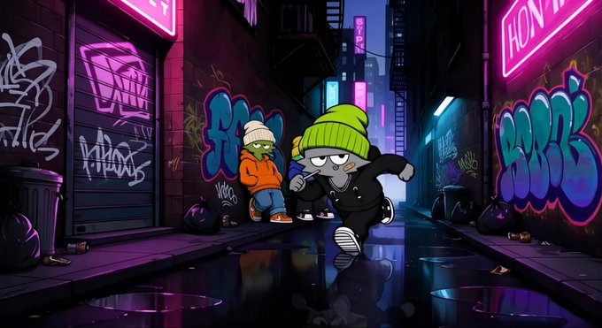 An illustrated cartoon scene depicting characters in a graffiti-covered urban alleyway at night with neon signs, featuring a grey cat character in a black hoodie running alongside another character in an orange hoodie.