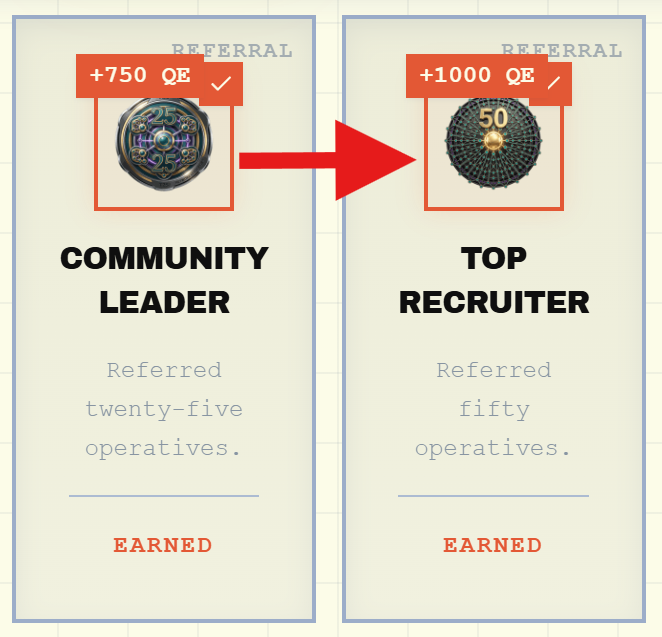 The image shows two columns of text with different information about a top recruiter badge. The first column, labeled "Community Leader", highlights that this badge has been awarded to someone who has contributed twenty-five operators or more to the DAC ecosystem. The second column, labeled "Top Recruiter", indicates that this badge is for those who have earned it by being active in the DAC ecosystem and having a top-ranking role as a community leader.