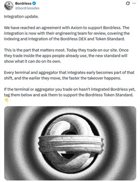 A social media post by "Bordrless" (@bordrlessdex) announces an integration update, revealing that the project has partnered with Axiom for engineering review to integrate the "Bordrless DEX and Token Standard," though the new standard will show its capability once terminals and aggregators supporting the high-volume asset adopt it. Below the text is a black-and-white close-up image of a metallic, spherical industrial component with a textured surface.