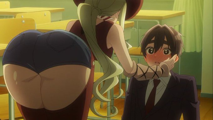 The image shows an anime scene where a long-haired woman in a corset and tight shorts leans over a blushing young man seated at a school desk, holding his face in her gloved hand. Set against the post declaring "Today is Dogecoin Day," the image humorously references the viral "cheeky face grab" meme often used in crypto social media to playfully "pump" or tease community members, here standing in for what a Dogecoin looks like.
