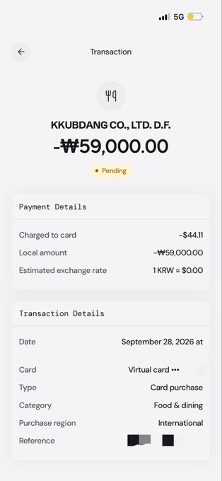 A mobile screenshot of a pending transaction from **KKUBDANG CO., LTD. D.F.** for ₩59,000 KRW (charged as $44.11 USD), categorized under Food & dining with an international purchase region—fitting the post's mention of paying for Korean BBQ using a SatsTerminal card.