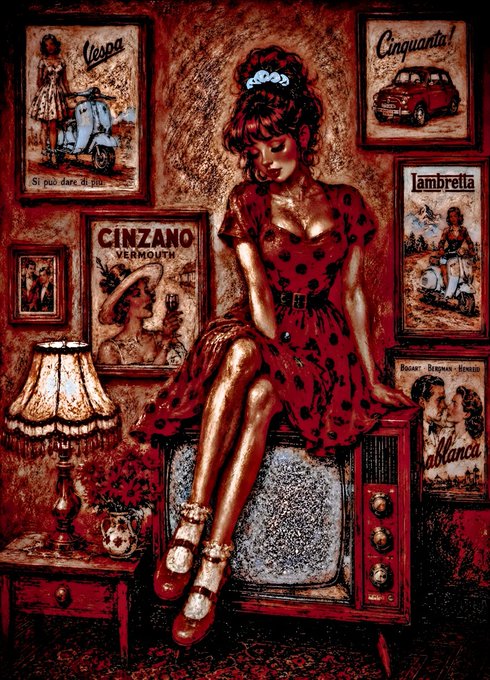 A vintage-style painting of a woman in a red polka-dot dress sitting on a retro television, surrounded by framed posters labeled "Vespa", "Cinquanta!", "CINZANO VERMOUTH", "Lambretta", and "Lallanza".