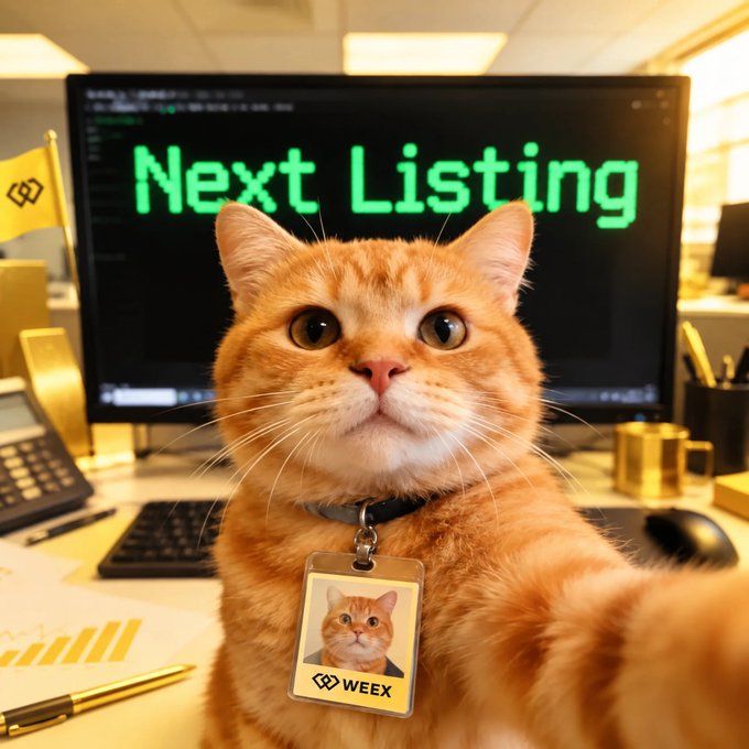 An orange tabby cat wearing a "WEEX" badge sits in front of a computer screen displaying "Next Listing" in green text, humorously presenting itself as the official WEEX listing announcer to engage users in voting on the next coin to be listed.
