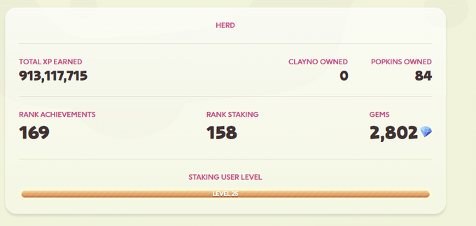 A user profile dashboard displays "HERD" stats including 913,117,715 Total XP Earned, 84 Popkins Owned, 169 Rank Achievements, 158 Rank Staking, 2,802 Gems, and Staking User Level 25, highlighting the user's long-standing loyalty to the Claynosaurz ecosystem on Sui.