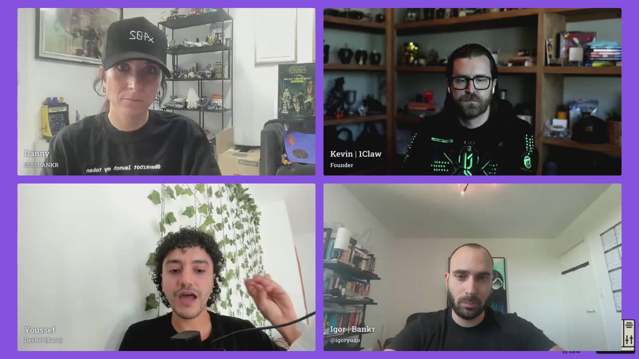 The image shows four people sitting around a table, with their faces appearing on a computer screen as they engage in a video call. The background of the image features a purple wall adorned with green plants, adding a touch of nature to the scene. The text "join us" and "@0xyoussea devrel @base @cryptomastery_ building @1clawAI" are also visible on the image.