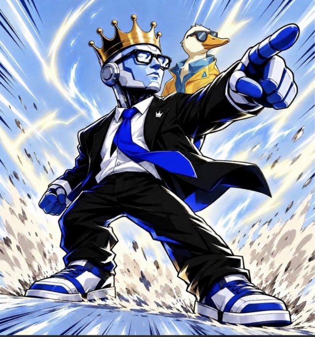 An anime-style illustration of a blue and white robotic figure wearing a gold crown, a black suit with a blue tie, and sneakers, pointing forward with a duck perched on its shoulder.
