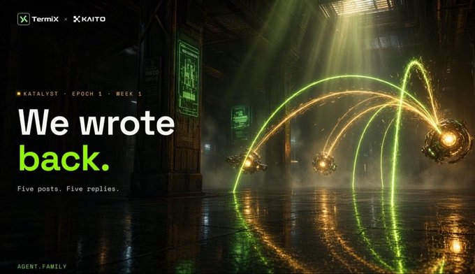 Promotional banner for Termix × KAITO Katalyst Epoch 1, Week 1, themed 'We wrote back' with the tagline 'Five posts. Five replies.' featuring glowing green and orange orbs in a dark industrial setting.