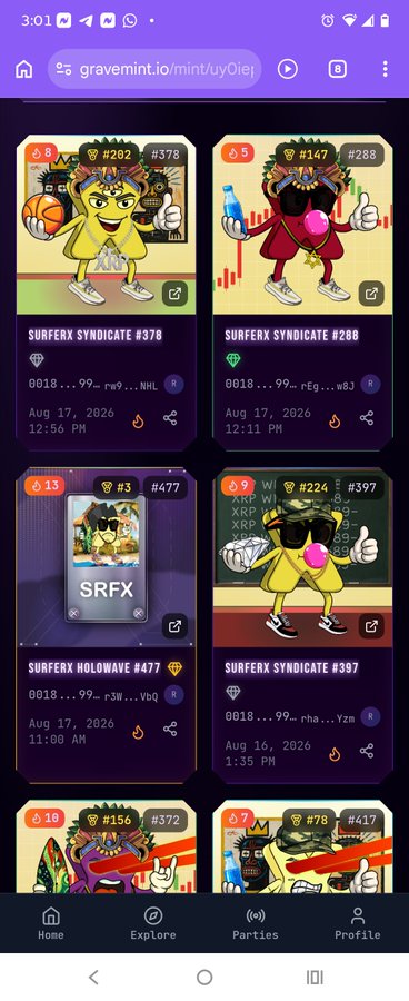 A mobile screenshot of gravemint.io displaying NFT cards from the "SURFERX" collection, including "SURFERX SYNDICATE" and "SURFERX HOLOWAVE" with various numbered editions dated August 2026.