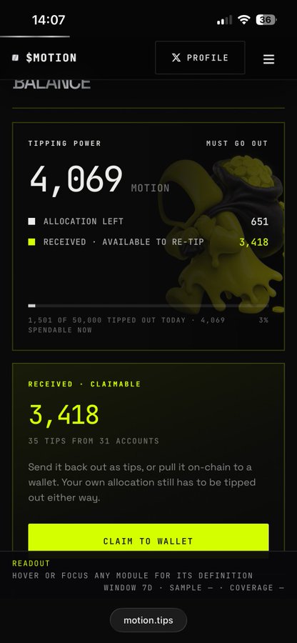 Mobile screenshot of the Motion app showing a balance page with a tipping power of 4,069 MOTION, allocation left of 651, received available of 3,418, and a "CLAIM TO WALLET" button.