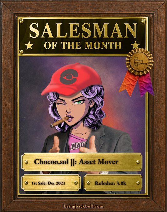 A 'Salesman of the Month' award plaque featuring an anime-style character with purple hair and a red hat, labeled 'Chocoo.sol ||: Asset Mover' from bringbackbull.com.