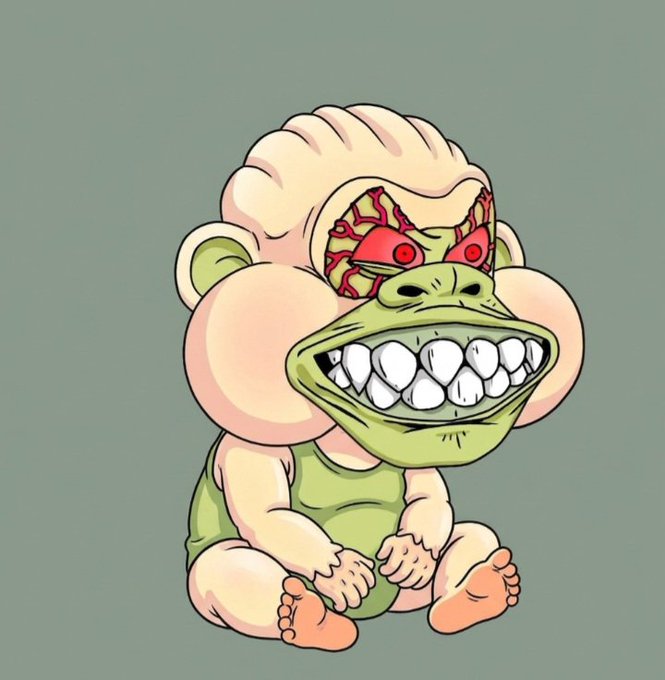 A cartoonish illustration of a grotesque baby-like creature with a green reptilian snout, wide toothy grin, and exposed brain tissue with red, glowing eyes sitting against a teal background.