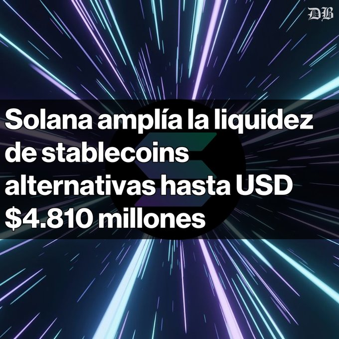 News graphic with a starry purple background showing the Solana logo and text in Spanish: 'Solana amplía la liquidez de stablecoins alternativas hasta USD $4.810 millones.'