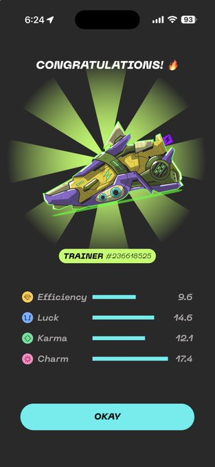 A Pokemon GO app screen displays 'CONGRATULATIONS!' for a Trainer with stats: Efficiency 9.6, Luck 14.6, Karma 12.1, and Charm 17.4.