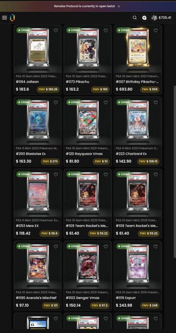 A screenshot of a digital trading card marketplace displaying limited edition PSA-graded Pokémon cards, including #064 Jolteon priced at $183.6 (FMV $190.25) and #073 Pikachu at $163.2 (FMV $160), along with various other PSA 9-10 graded Pokémon cards from the Gem Mint 2023 and 2016 sets. The listing aligns with the post about purchasing a Pikachu card for 70 U (now valued at 163 U) and a Yu Nagaba Jolteon for 90 U (now priced at 183 U), showing combined unrealized gains of +186 U.