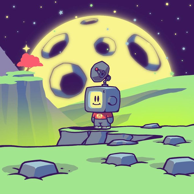 A cartoon robot with a satellite dish and a smiling computer monitor face stands on a cliff before a giant cratered moon, set against a starry night sky. The whimsical, otherworldly setting—with its solitary tech character gazing at the luminous moon—evokes the futuristic, digital theme of the "Terminal Kids" NFT collection launching via terminalkids.xyz/mint, hinting at the platform's tech-driven, minting-focused utility.