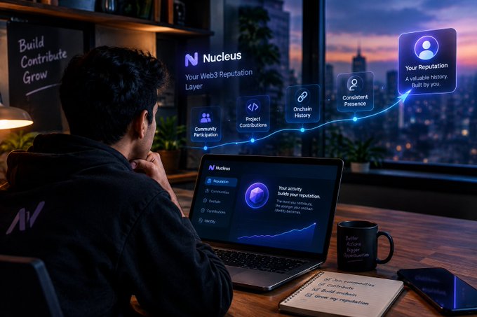 A digital illustration showing a man at a laptop with the 'Nucleus - Your Web3 Reputation Layer' interface, featuring floating panels labeled 'Community Participation,' 'Project Contributions,' 'Onchain History,' 'Consistent Presence,' and 'Your Reputation.'