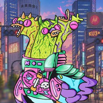The image features a cartoon character, likely a person or an animal, wearing a pair of shoes with a skateboard design. The character appears to be holding a skateboard while standing in front of a cityscape filled with buildings at night. There is also text present in the image that reads "I'M GIVING AWAY A GTD SPOT FOR RALLY Wingston NFT TO ENTER: Follow @RallyOnChain and @0xbigm7 ... Join and participate in this campaign: app.rally.fun/campaigns/0xA6 ... The winner will be announced next Monday".