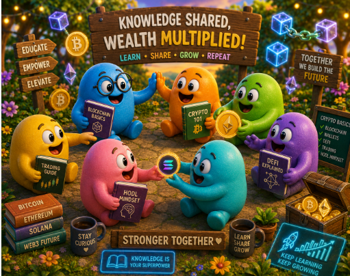 A colorful AI-generated illustration with the banner 'KNOWLEDGE SHARED, WEALTH MULTIPLIED!' featuring cartoon blob characters holding books labeled with crypto terms like 'BLOCKCHAIN BASICS', 'CRYPTO 101', 'TRADING GUIDE', and 'HODL MINDSET'.