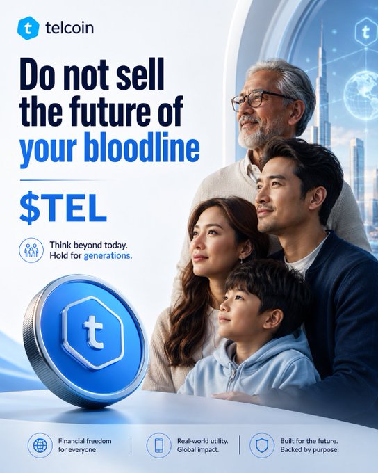 The image features a family of four, including an older man with glasses and two children, all sitting around a table. The text "Do not sell the future of your bloodline" is displayed above them, while below them there are three different descriptions of Telcoin written in white text. The first description reads: "Think beyond today. Hold generations. Build for the future." The second one says: "Telcoin - built for the future". The third one states: "The future of your bloodline".
