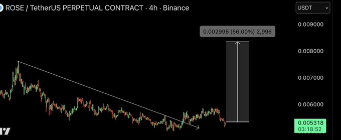 A 4-hour Binance chart for ROSE/TetherUS perpetual contract shows the price breaking above a descending trendline at 0.005318, with an annotation projecting a 56% upside move to a target of 0.002996. The chart visually supports the post's bullish long thesis by highlighting the breakout from the downtrend, suggesting a potential pump similar to $APR and $BR.