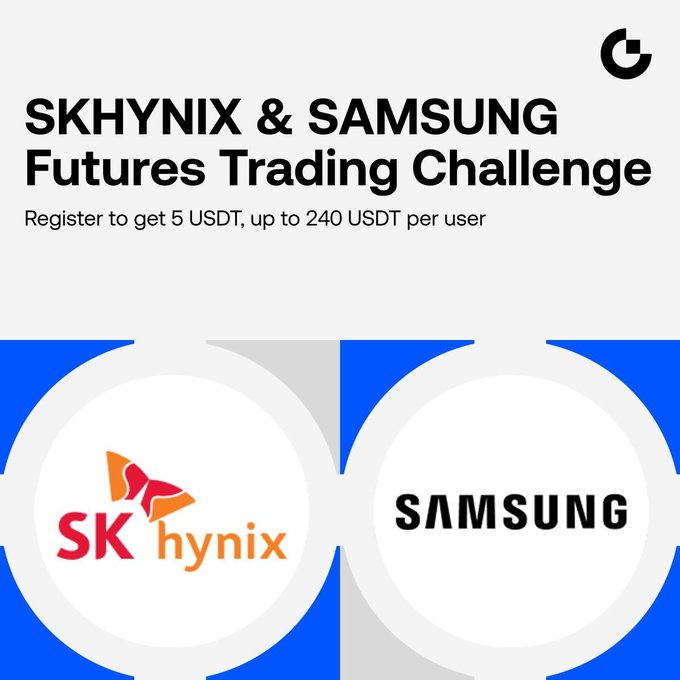 Promotional graphic for a 'SKHYNIX & SAMSUNG Futures Trading Challenge' offering 5 USDT upon registration, up to 240 USDT per user, featuring both companies' logos in circular frames.